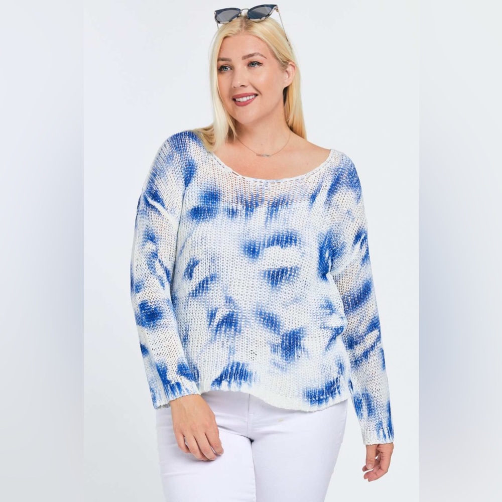 DAVI & DANI Blue and White Sweater Large Fall Winter Crewneck Long Sleeve Top L